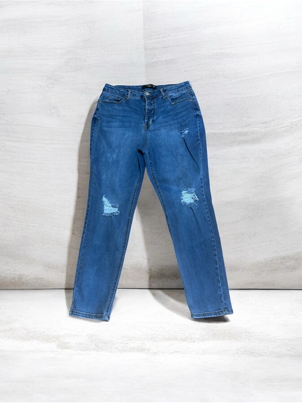 Casual Blue Button Fly Boyfriend Jeans with Distressed Knees Size 14